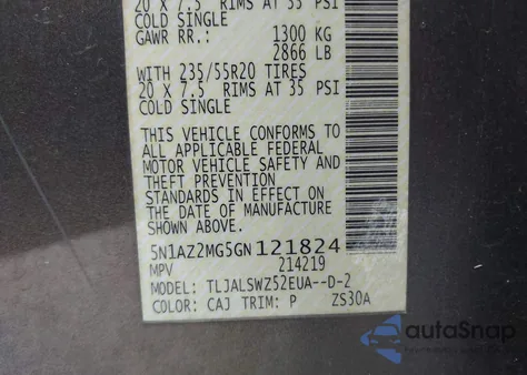 2016 Nissan Murano Platinum z USA, uszkodzony, nr VIN 5N1AZ2MG5GN121824